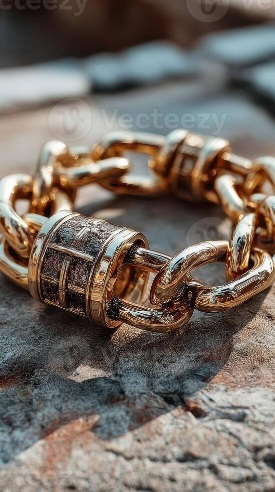 Golden chain bracelet resting on a textured surface under natural light during the afternoon in an outdoor setting photo