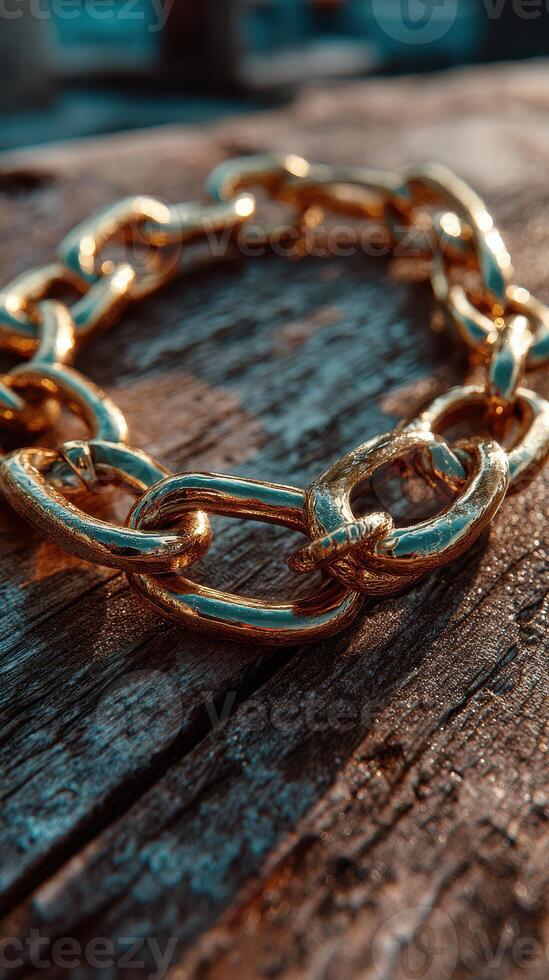 Close-up view of a beautifully crafted gold chain resting on an aged wooden surface in natural light photo