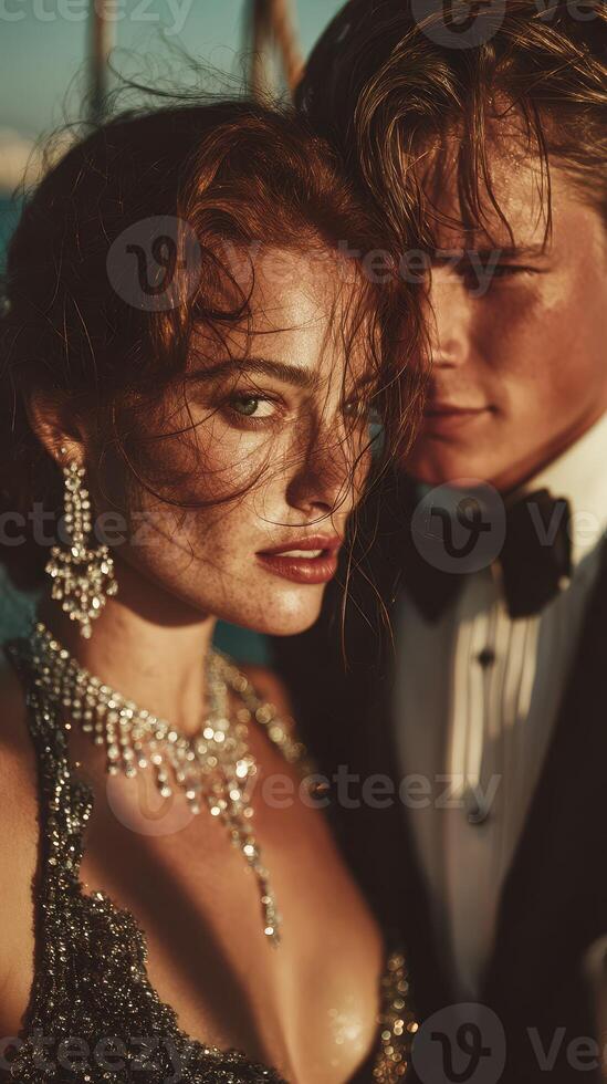 Elegant couple dressed for a formal event, captured during golden hour on a yacht by the water photo