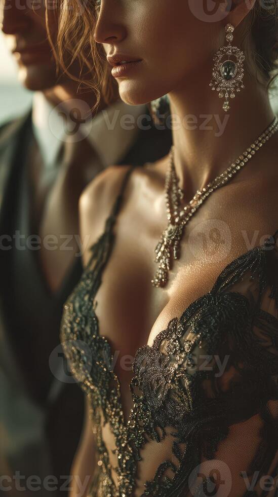 Elegant couple showcasing fashion in a sophisticated setting during a golden hour event photo