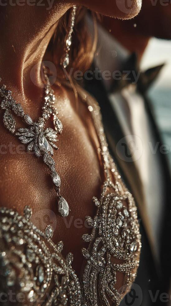 Elegant evening attire showcases intricate beadwork at a romantic seaside event during sunset photo