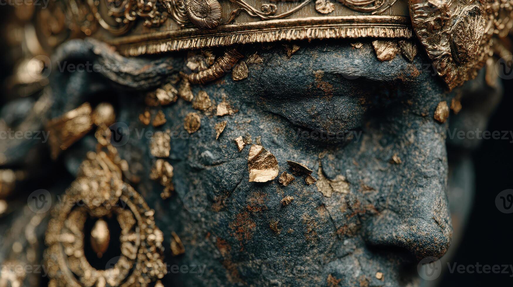 Ancient sculpture adorned with gold leaf, showcasing intricate details in a serene expression located in a museum photo