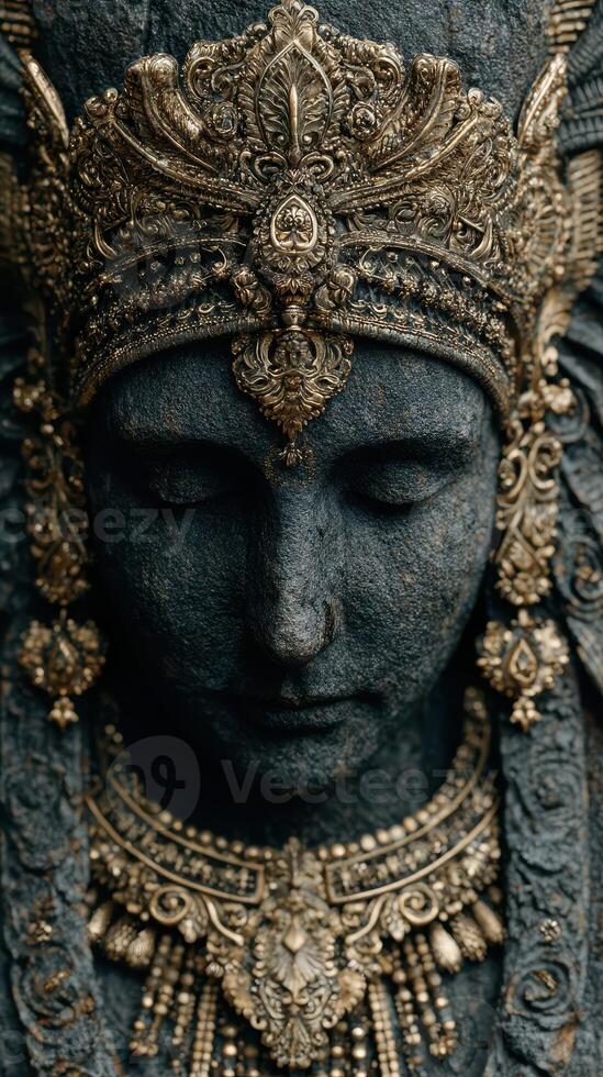 Intricate stone sculpture adorned with gold detailing reflecting traditional artistry and craftsmanship photo