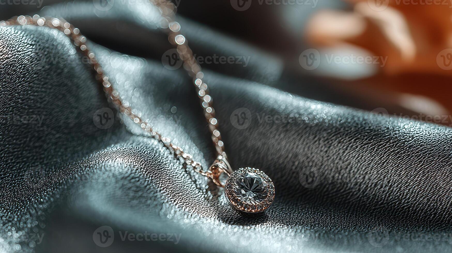 Sparkling necklace rests elegantly on soft satin fabric, showcasing intricate design and craftsmanship in natural light photo