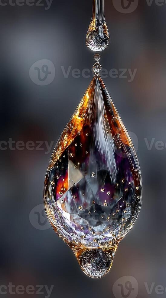 Captivating drop of liquid suspended mid-air showcasing intricate patterns and reflections at twilight photo