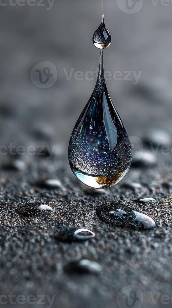 Close-up of a water droplet suspended above a textured surface glistening with reflections at dawn photo