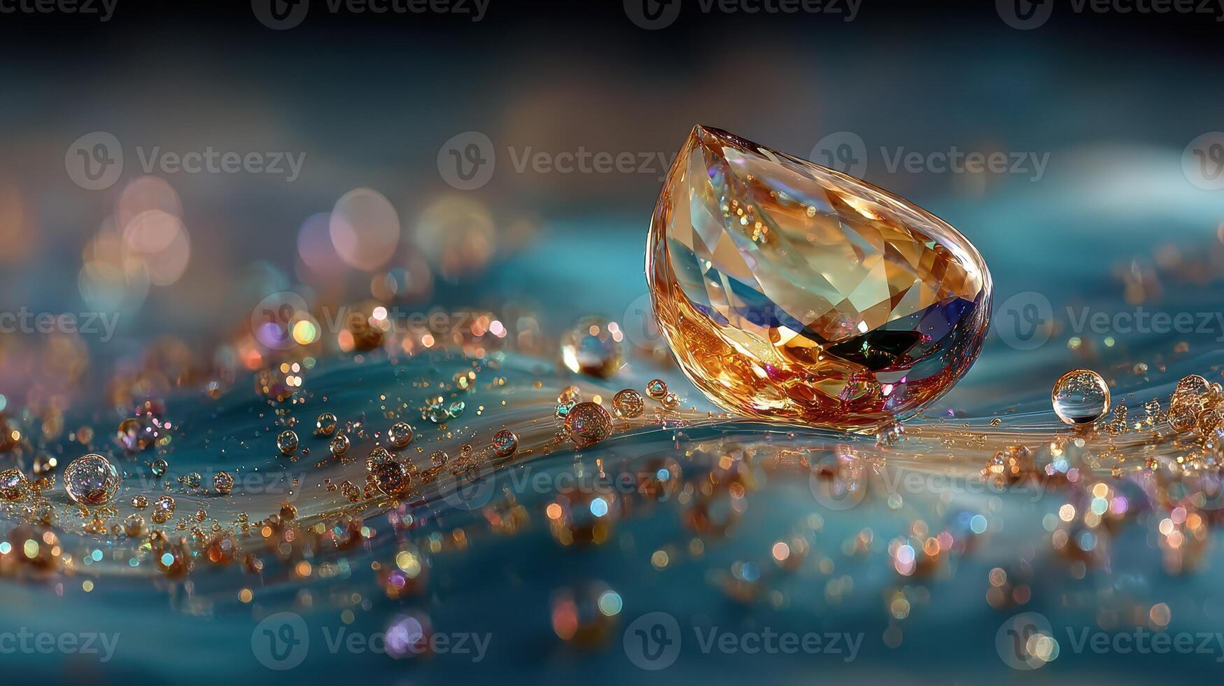 Sparkling jewel resting on a vibrant surface with reflections and droplets creating an enchanting atmosphere photo