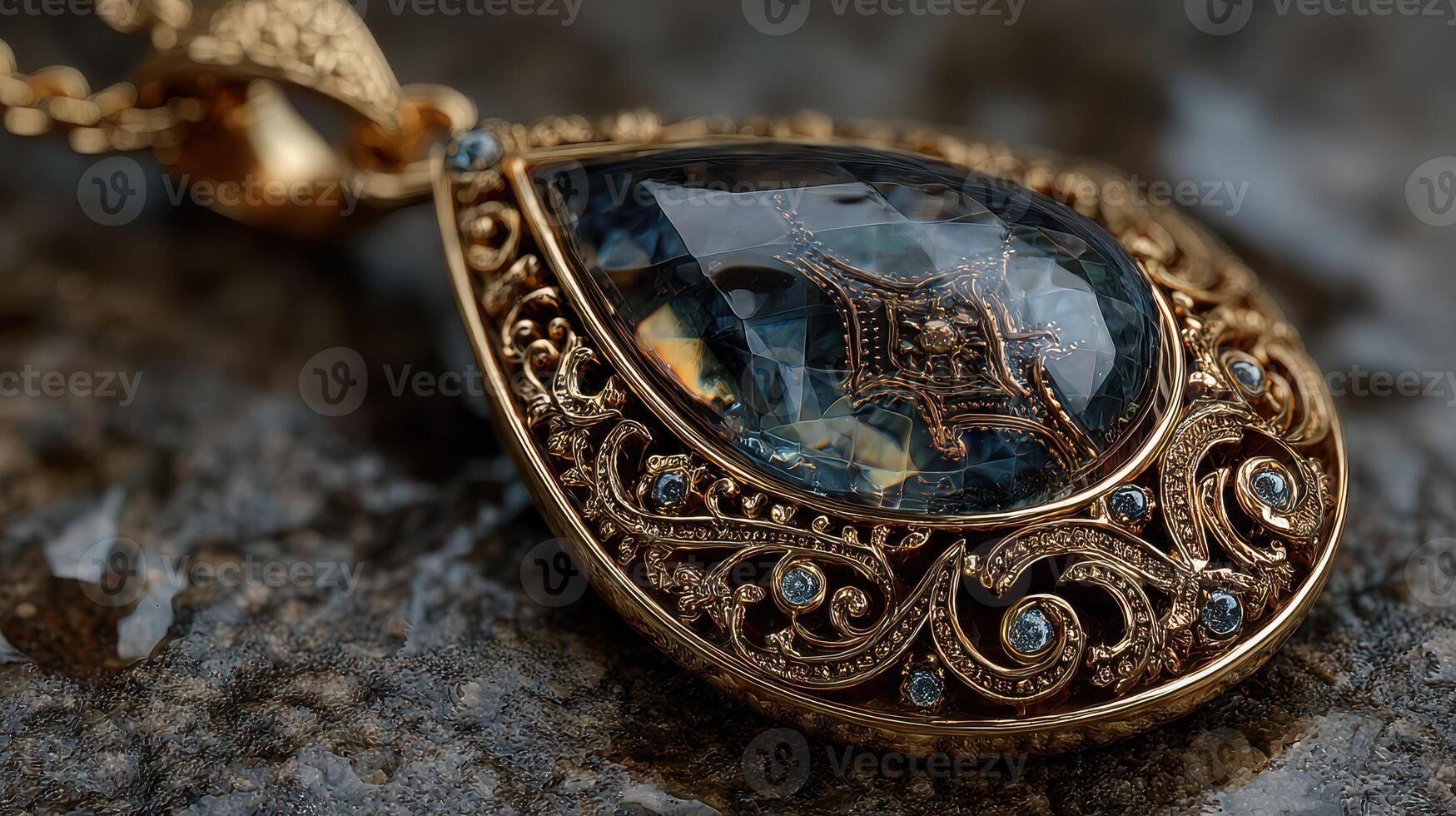 Intricate gold pendant with blue gemstones showcasing a detailed design and a large dark stone photo