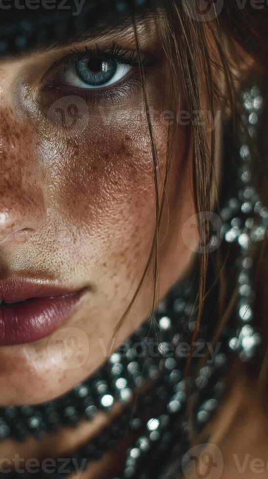 Close-up of a person showcasing unique beauty, texture, and detailed accessories in an artistic portrait shoot photo