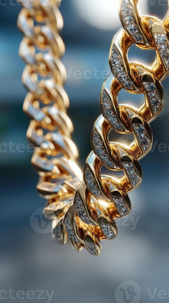 Shiny gold chain necklace featuring diamond accents in a close-up view highlighting its intricate design photo