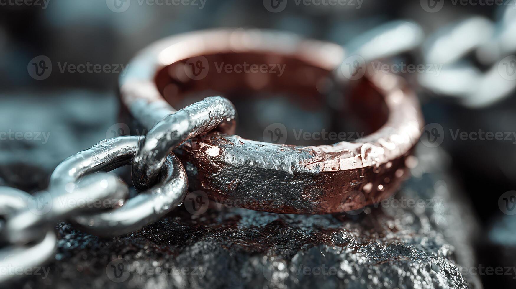 Close-up view of metal chain links showcasing rust and texture in industrial setting photo