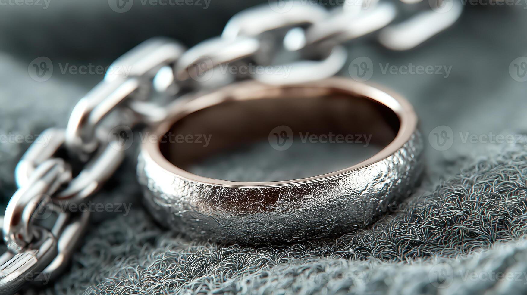 Silver ring resting on textured fabric next to a shiny metal chain creating a striking contrast in a close-up composition photo