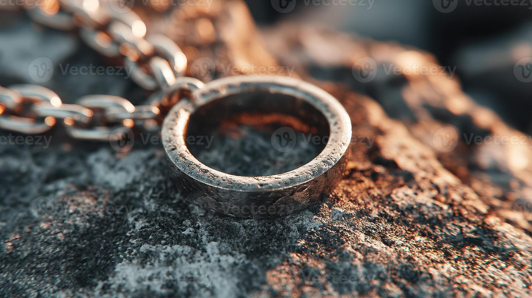 Close-up of a silver chain ring resting on a textured rock surface during sunset at the beach photo