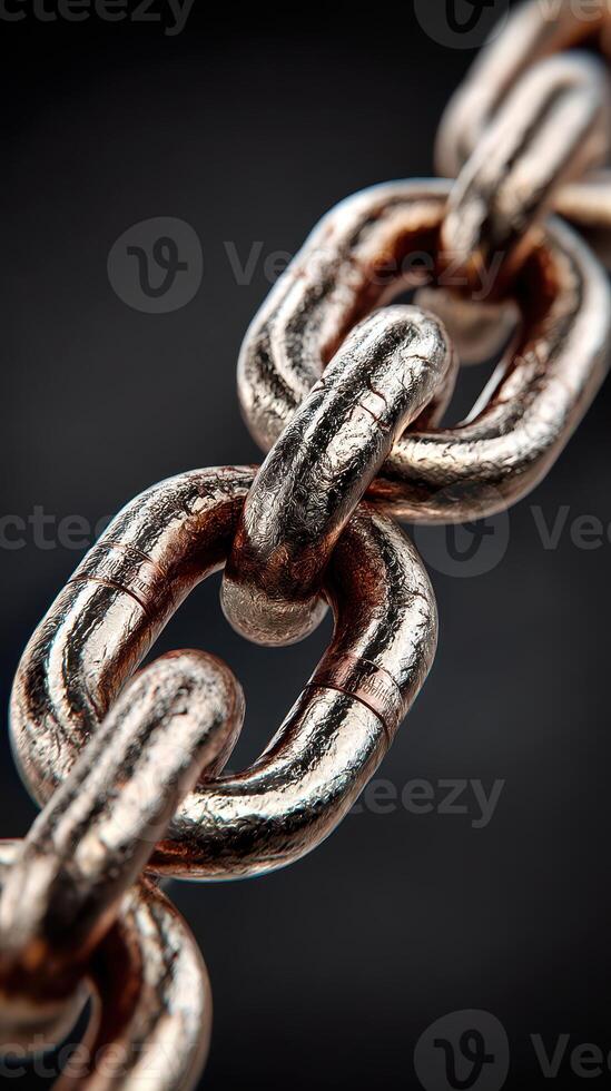 Metal chain links showcase intricate design with reflective surface in close-up view photo