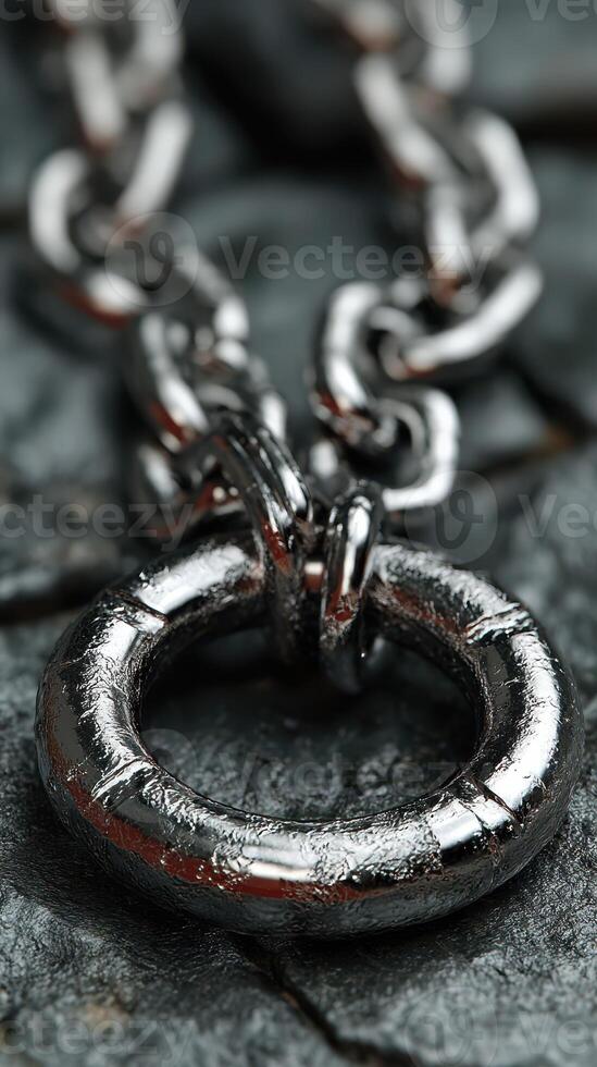 Close-up of a metallic chain link resting on a textured stone surface highlighting its polished finish and intricate design photo