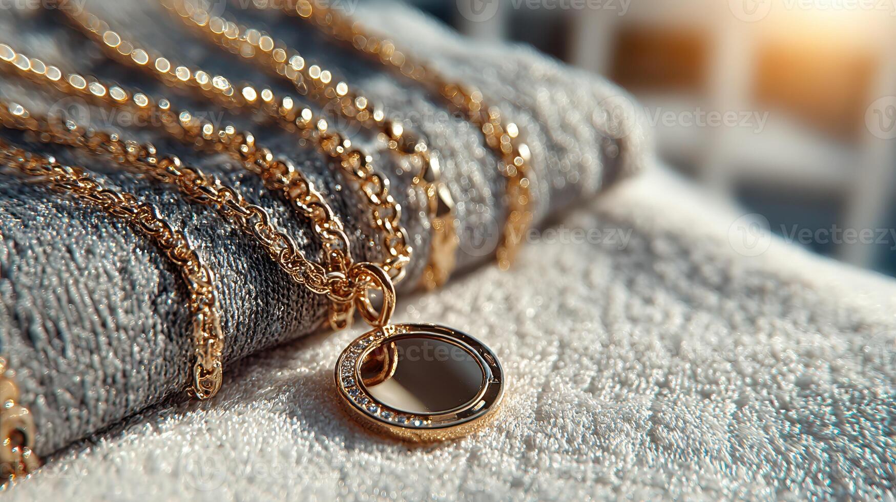 Elegant gold jewelry featuring a detailed pendant resting on a soft fabric surface in natural light photo
