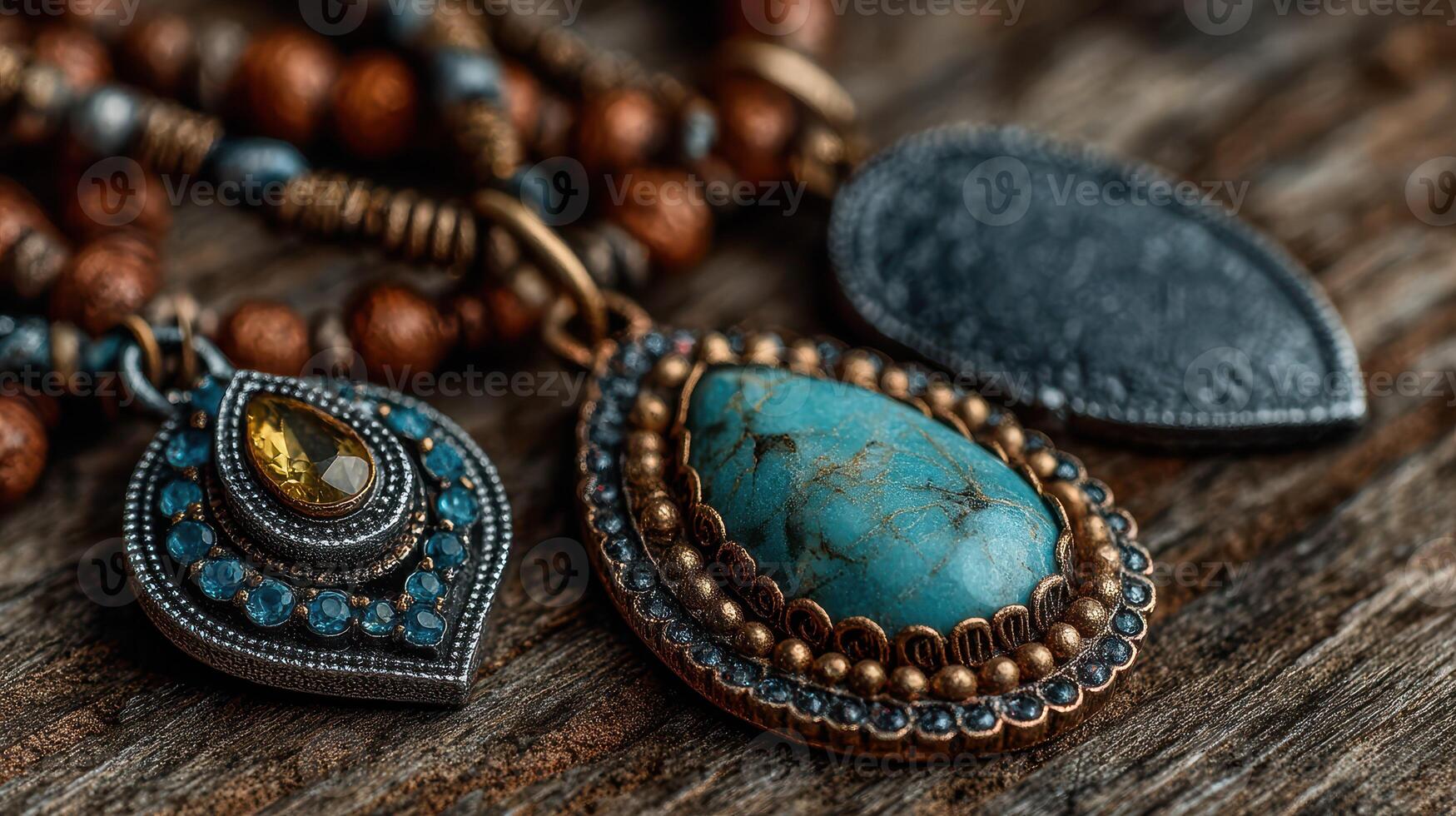 Elegant handcrafted turquoise jewelry displayed on rustic wooden surface showcasing intricate designs photo