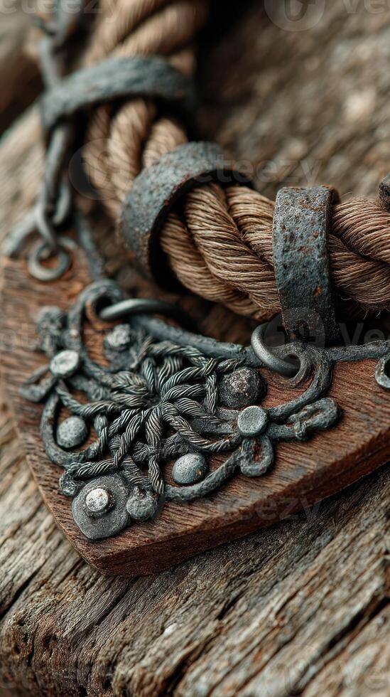 Intricate metalwork detailed with braided rope on rustic wooden surface conveys a sense of craftsmanship and history photo