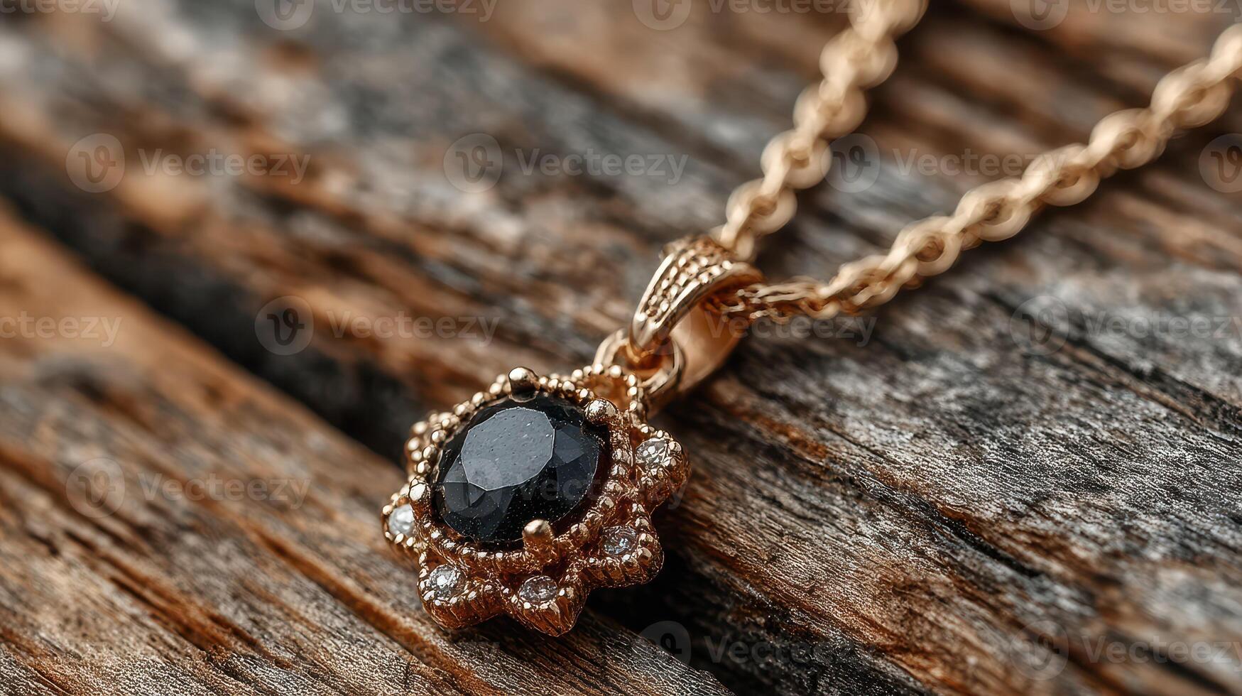 Elegant black gemstone necklace on wooden surface with intricate design showcasing craftsmanship and detail photo