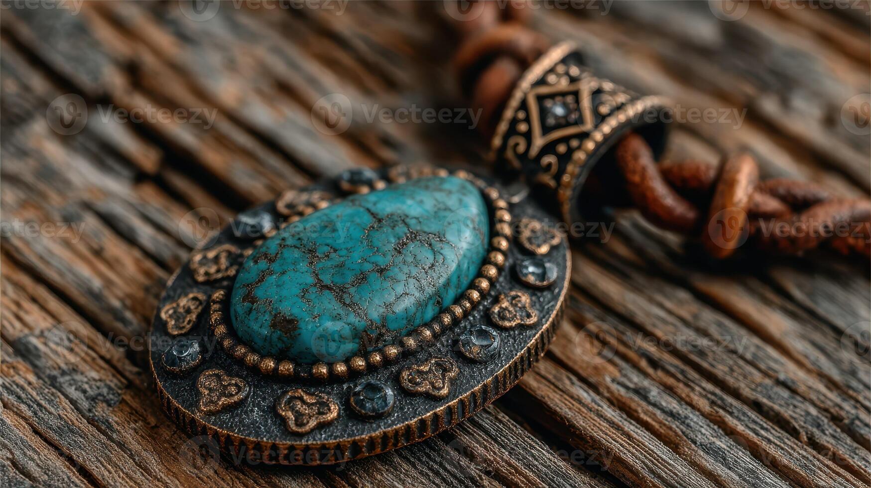 Turquoise pendant resting on rustic wooden surface highlighting intricate metalwork details photo