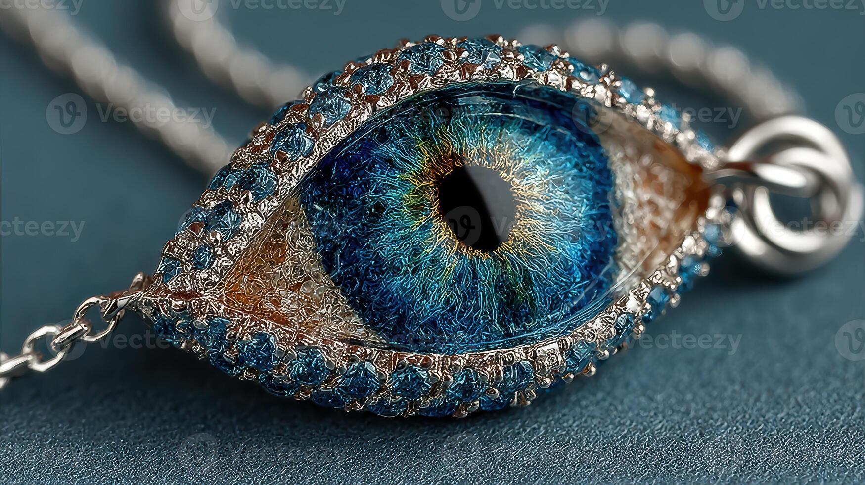 Intricate blue eye pendant crafted with detailed gemstones and silver chain showcased on vibrant background photo