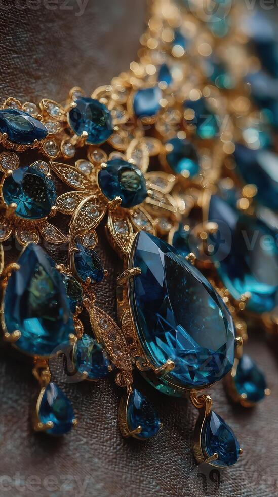 Exquisite jewelry featuring blue gemstones and intricate gold detailing showcased against a dark background photo