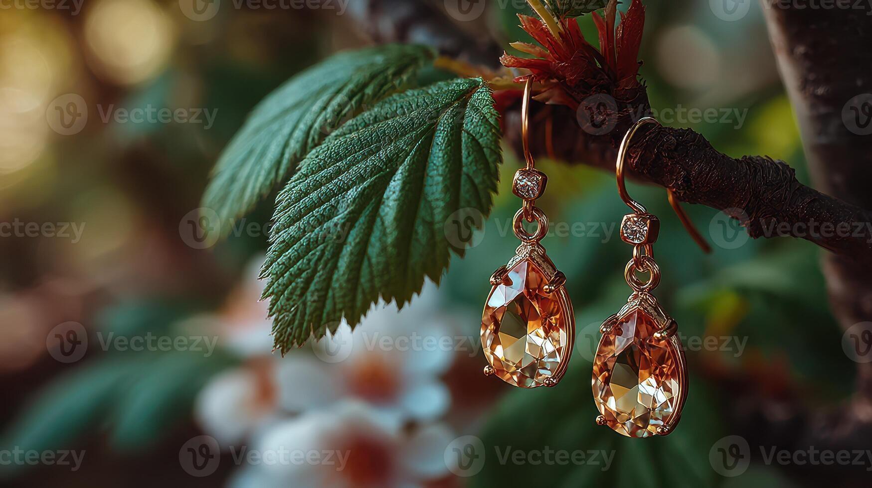 Beautiful earrings with golden accents hanging from a branch in a garden setting during springtime photo