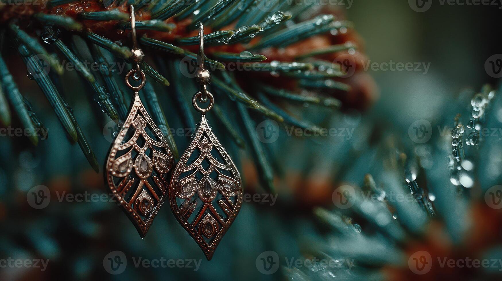 Sparkling earrings hanging from evergreen branches on a rainy day in a forest setting photo