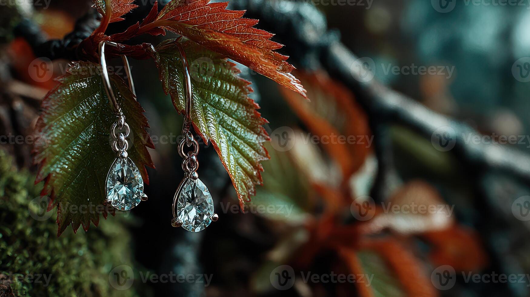 Beautiful silver earrings hanging from vibrant autumn leaves in a forest setting photo