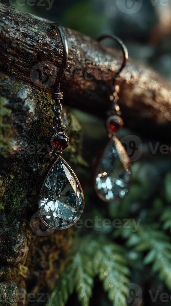 Elegant teardrop earrings displayed against a natural, mossy background with soft lighting photo