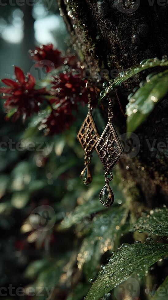 Delicate earrings adorned with droplets hang next to vibrant flowers in a lush forest setting photo