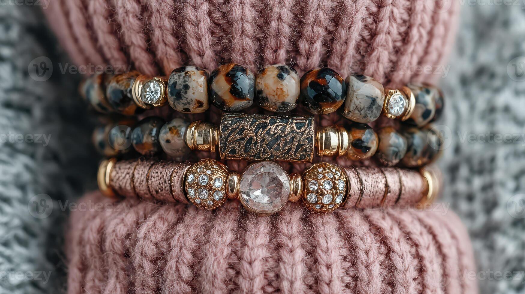 Colorful beaded bracelets displayed on a cozy knit sweater during a chilly season in a casual indoor setting photo