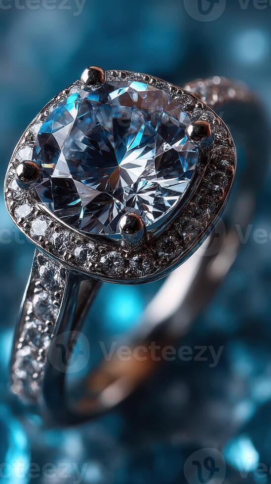 Sparkling engagement ring with a large blue gemstone and intricate silver detailing amidst a shimmering blue background photo