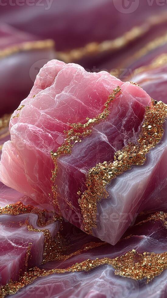Beautifully carved pink quartz mineral with golden veins showcasing intricate patterns and hues in natural formation photo