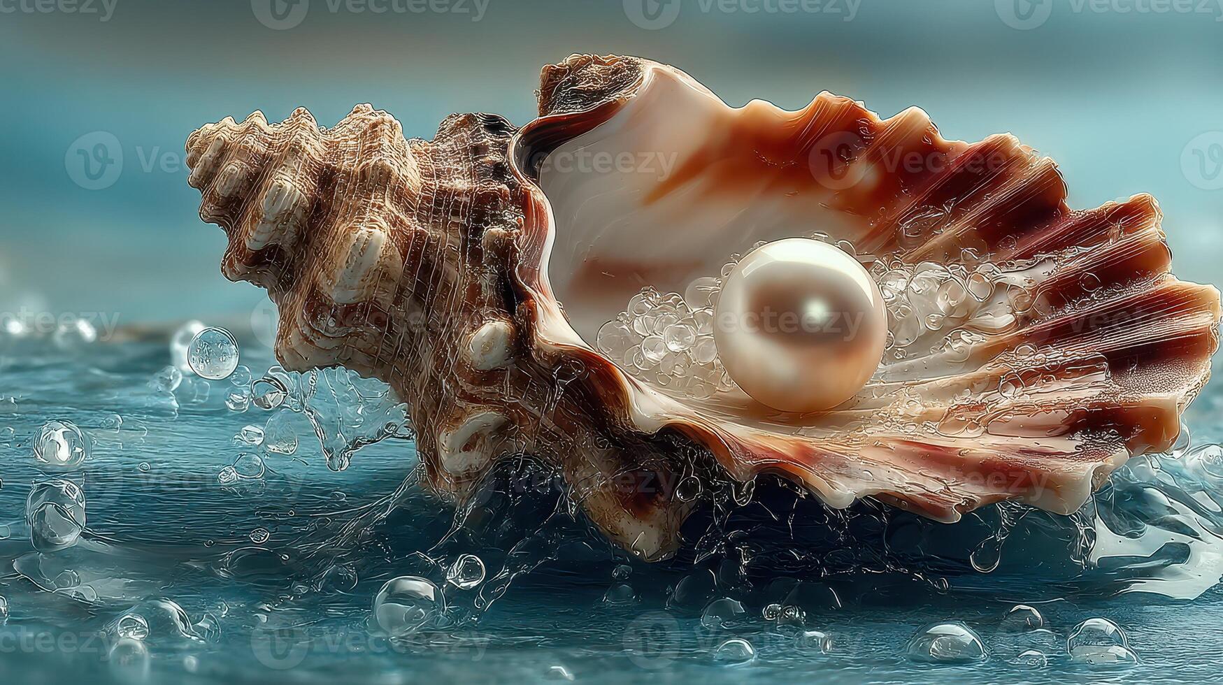 Beautiful shell with pearl resting on water surface reflecting light in a serene setting photo
