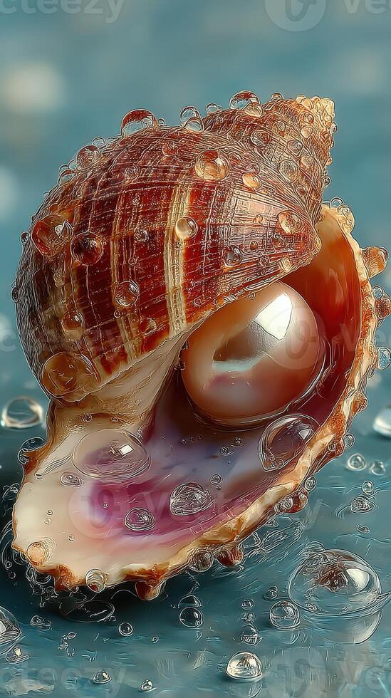 Close-up view of a beautiful shell with a pearl surrounded by water droplets resting on a reflective surface in natural light photo