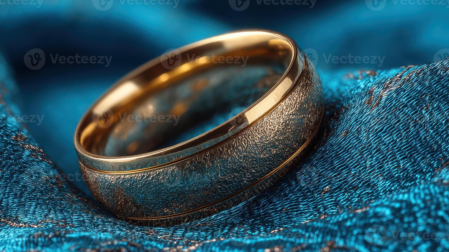Elegant wedding ring resting on vibrant blue fabric, showcasing intricate texture and design amidst soft lighting photo
