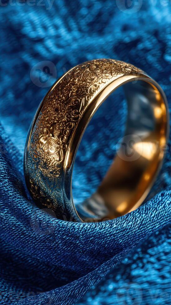 Intricate gold and silver ring resting on luxurious blue textile, showcasing detailed engravings and elegant design highlights photo