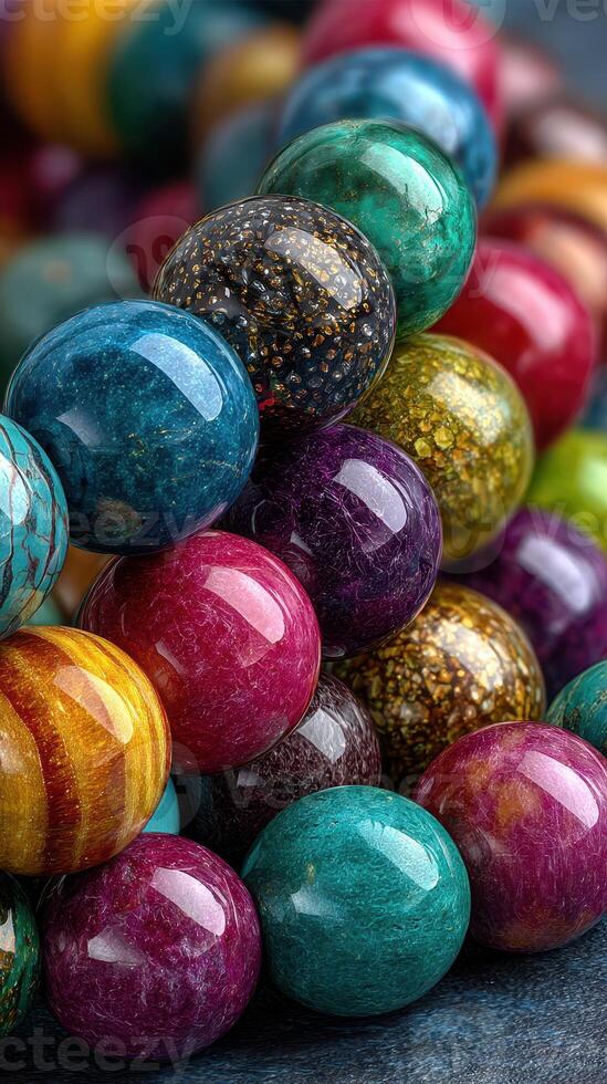 Colorful beads arranged in a vibrant display showcasing unique textures and patterns against a dark background photo