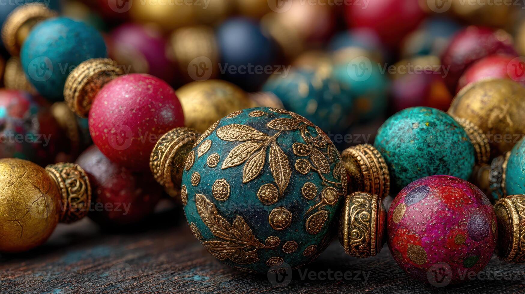 Colorful handcrafted beads displayed on a wooden surface highlighting intricate designs and vibrant colors in bright lighting photo