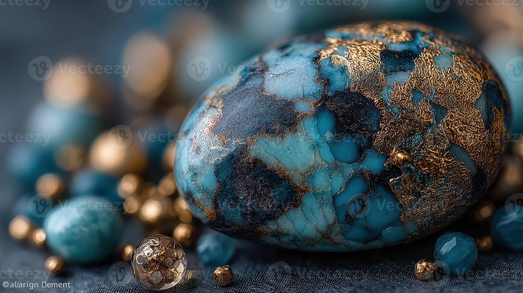 Beautiful turquoise stone decorated with gold accents surrounded by smaller beads in a creative arrangement photo