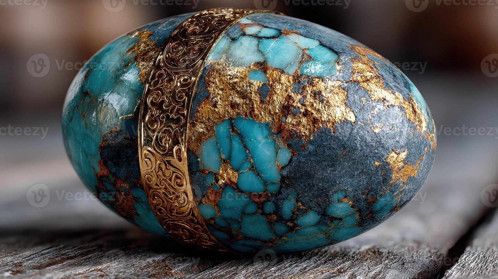 Stunning turquoise egg with golden accents resting on wooden surface in a softly lit room photo