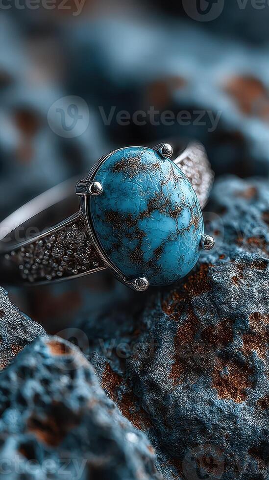 Stunning turquoise ring resting on a textured stone surface with natural tones in a close-up view photo