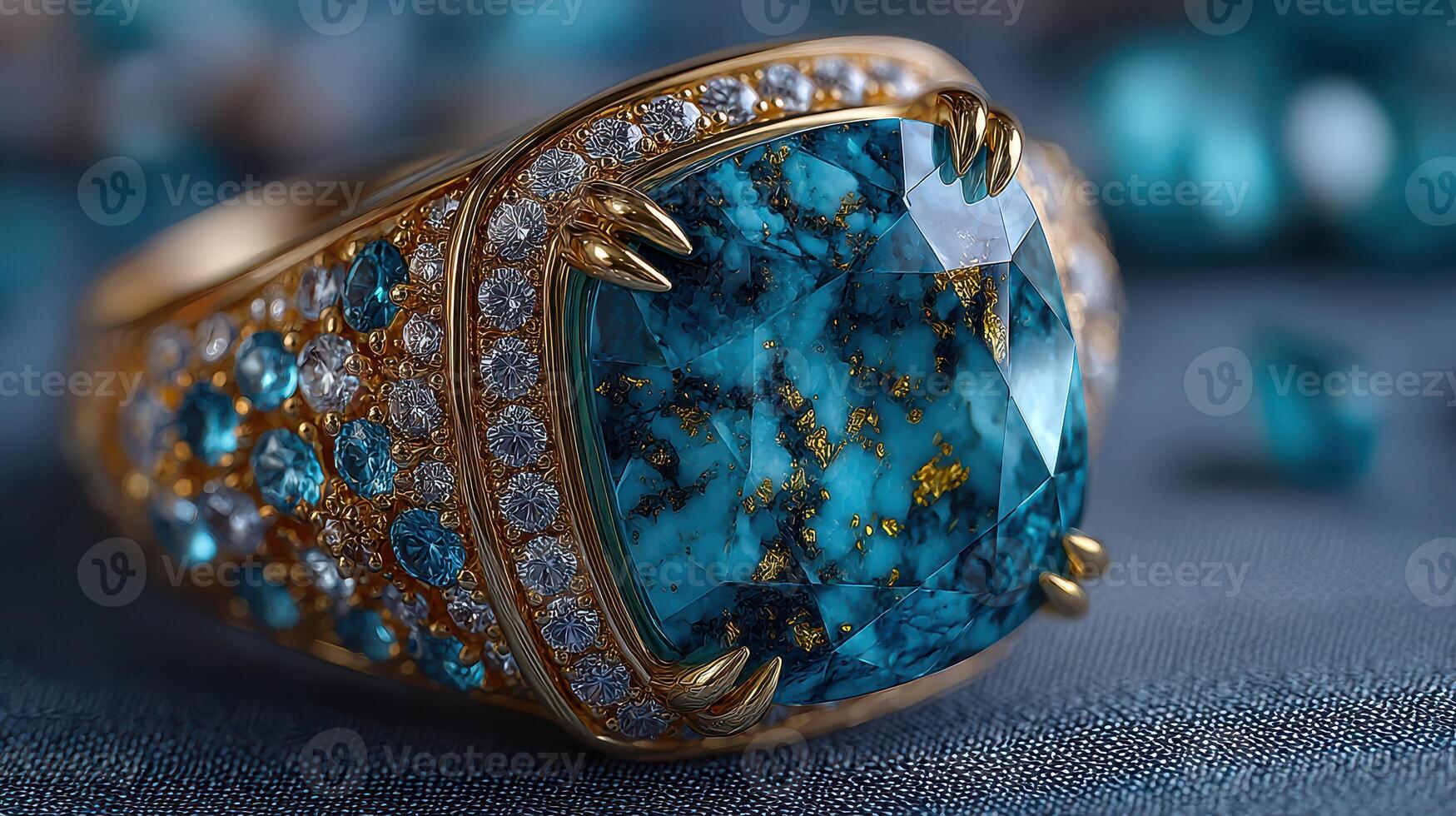 Stunning turquoise and gold ring featuring an intricate design and sparkling gemstones photo