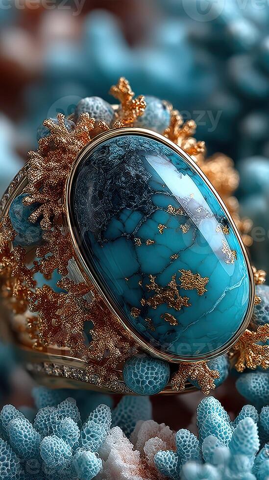 Turquoise ring set in intricate gold coral design showcases a blend of elegance and nature's beauty photo