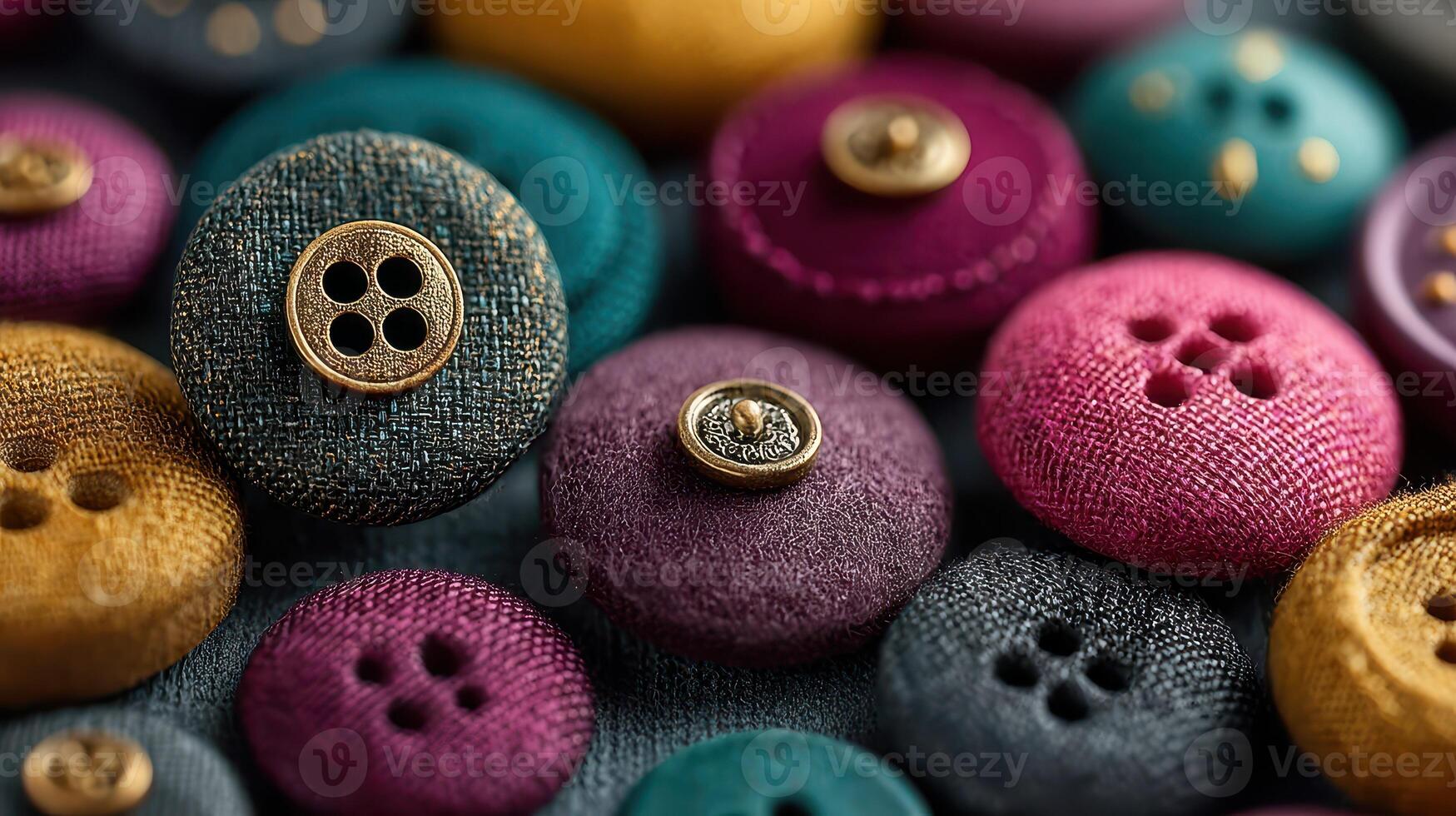 Colorful assortment of fabric buttons displayed on a textured surface during daylight photo