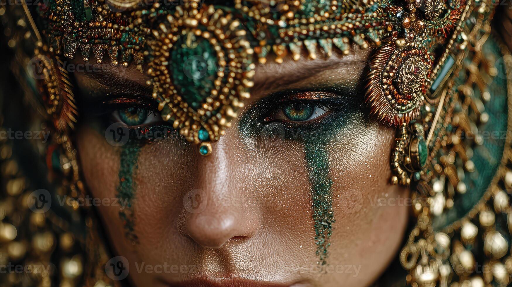 Intricately adorned woman with striking makeup and accessories captured in an artistic portrait during a ceremonial celebration photo