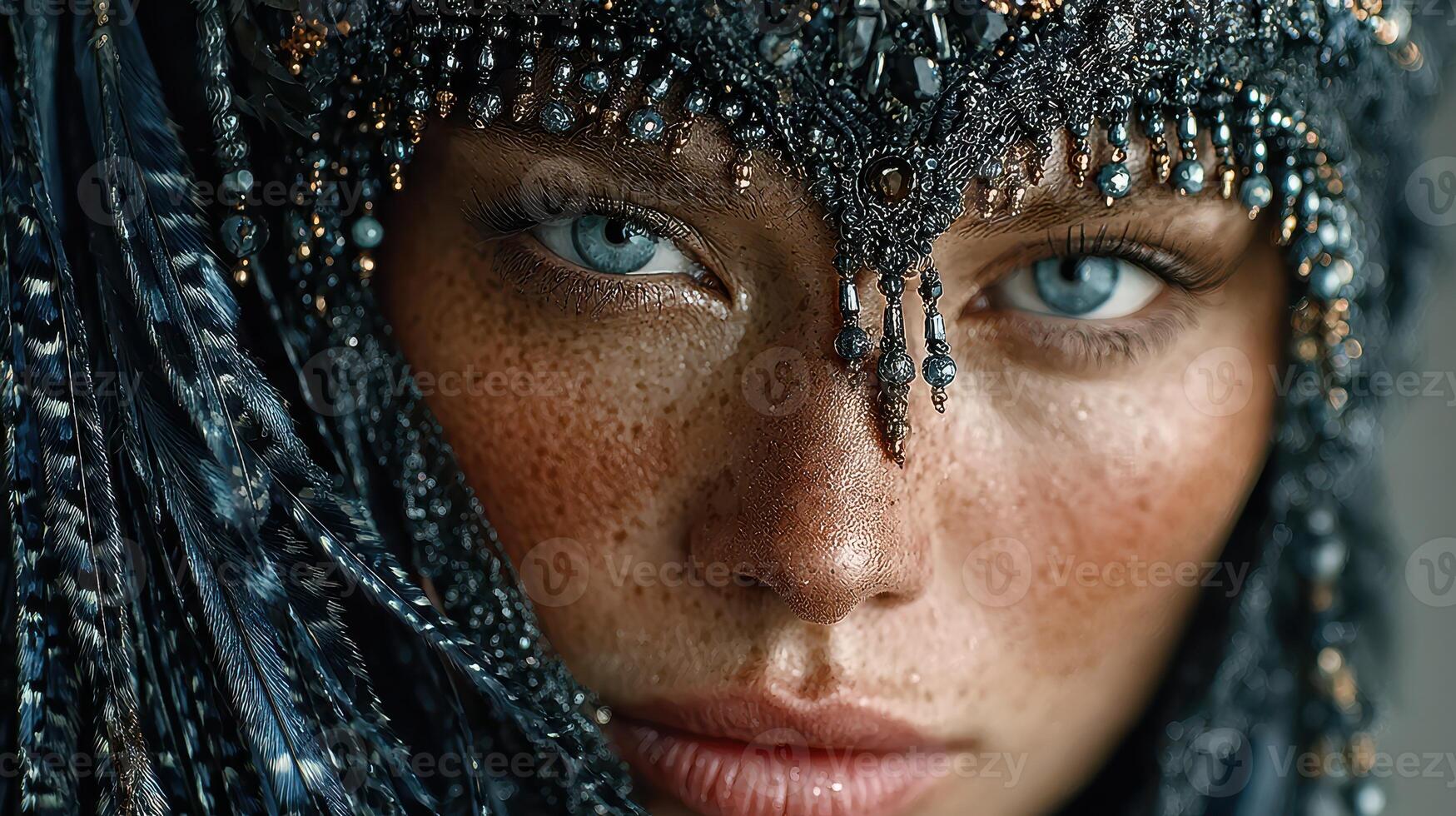 Close-up of a woman with striking blue eyes wearing intricate beadwork and a detailed headpiece in soft lighting photo