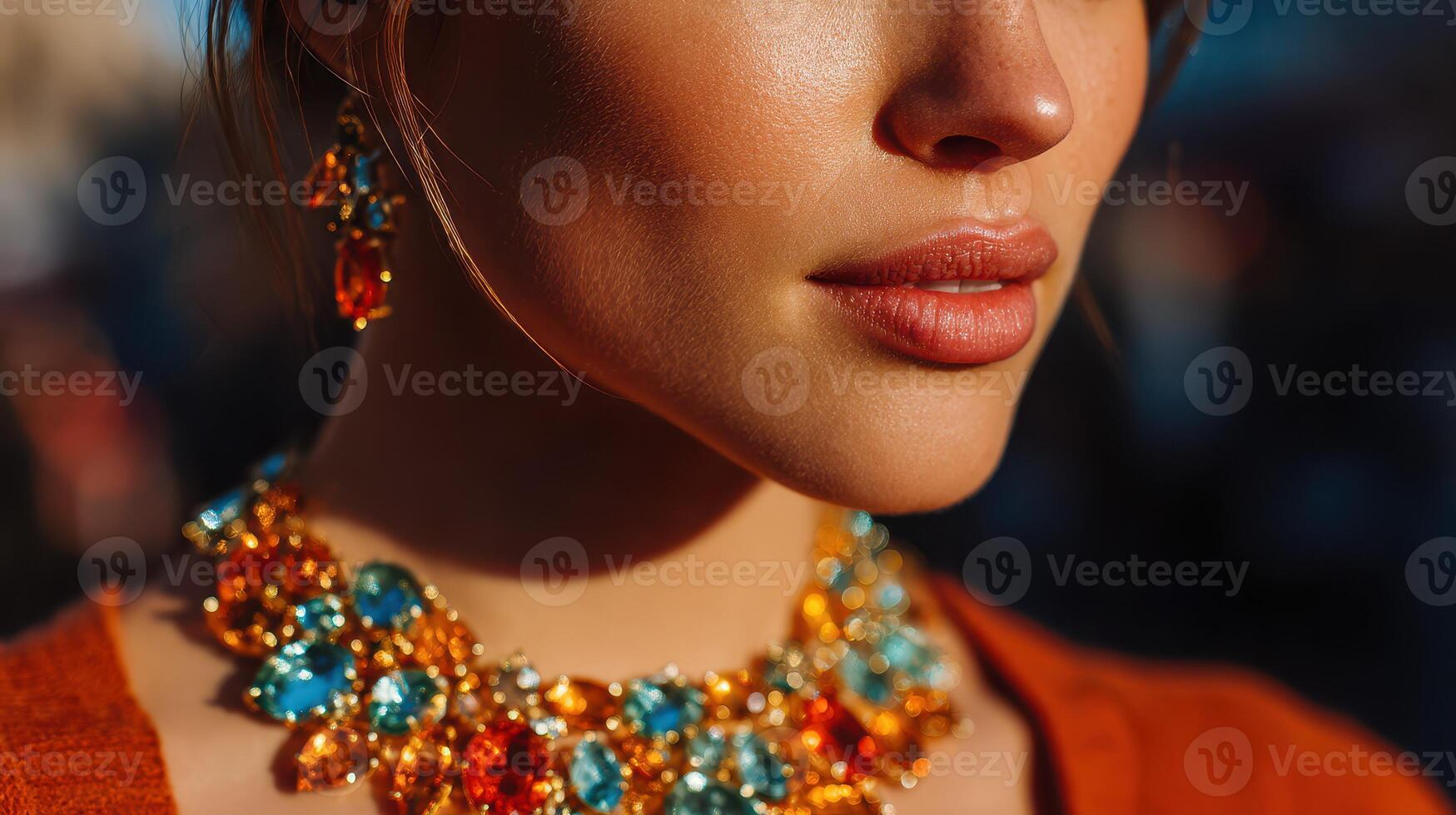 Jewelry display highlights vibrant colors and elegance during outdoor event in sunlight photo