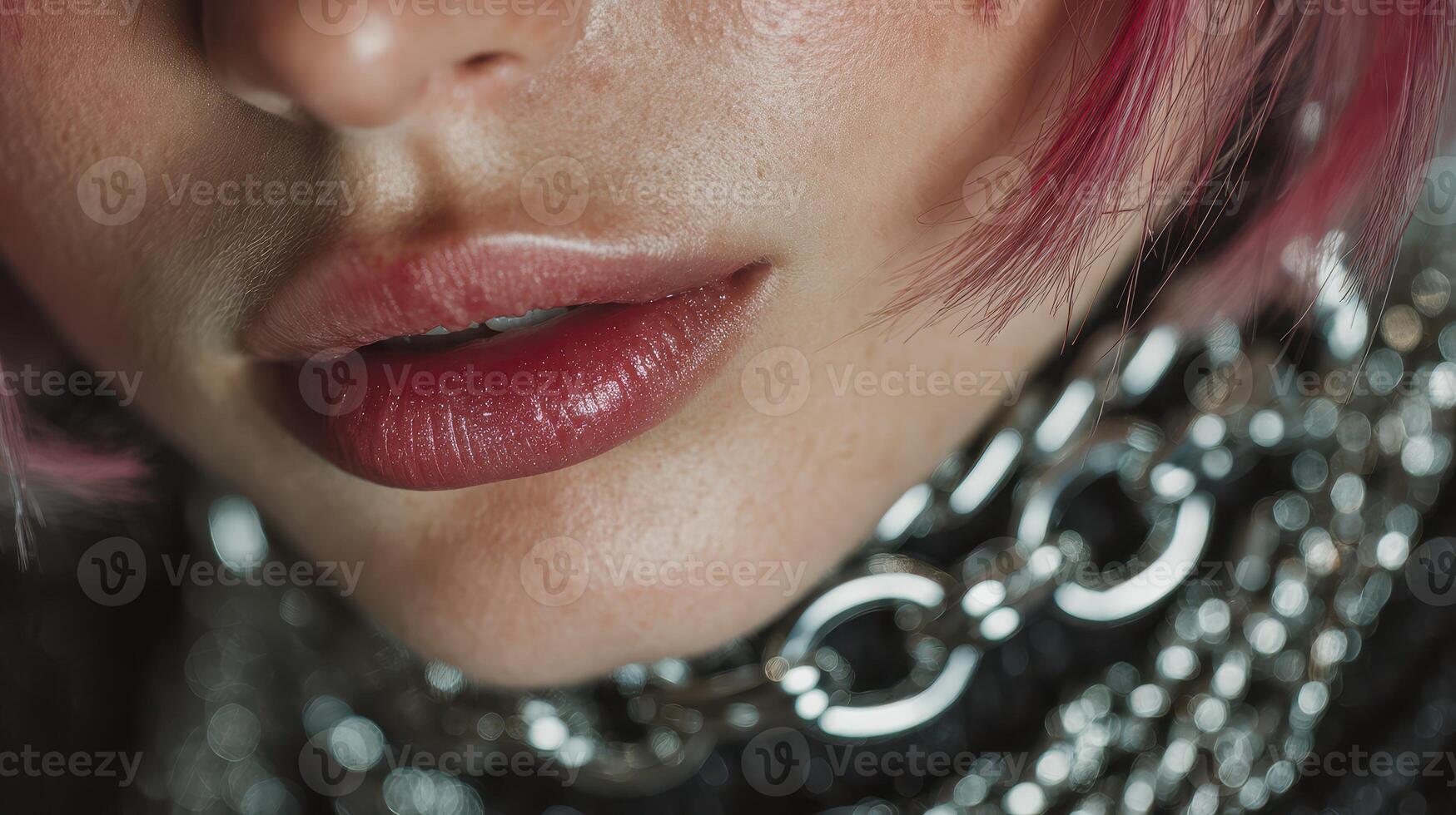 Bold lips and striking chains create a captivating close-up portrait with vibrant hair and edgy accessories photo